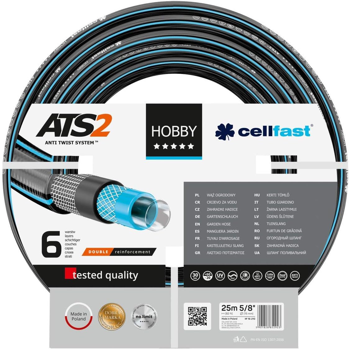 Cellfast Garden Hose HOBBY ATS2™ 5/8'' 25m, Flexible 6-layer Hose, Double Braid with Cross and Tricot Fabric, 30 Bar Burst Pressure, 16-210