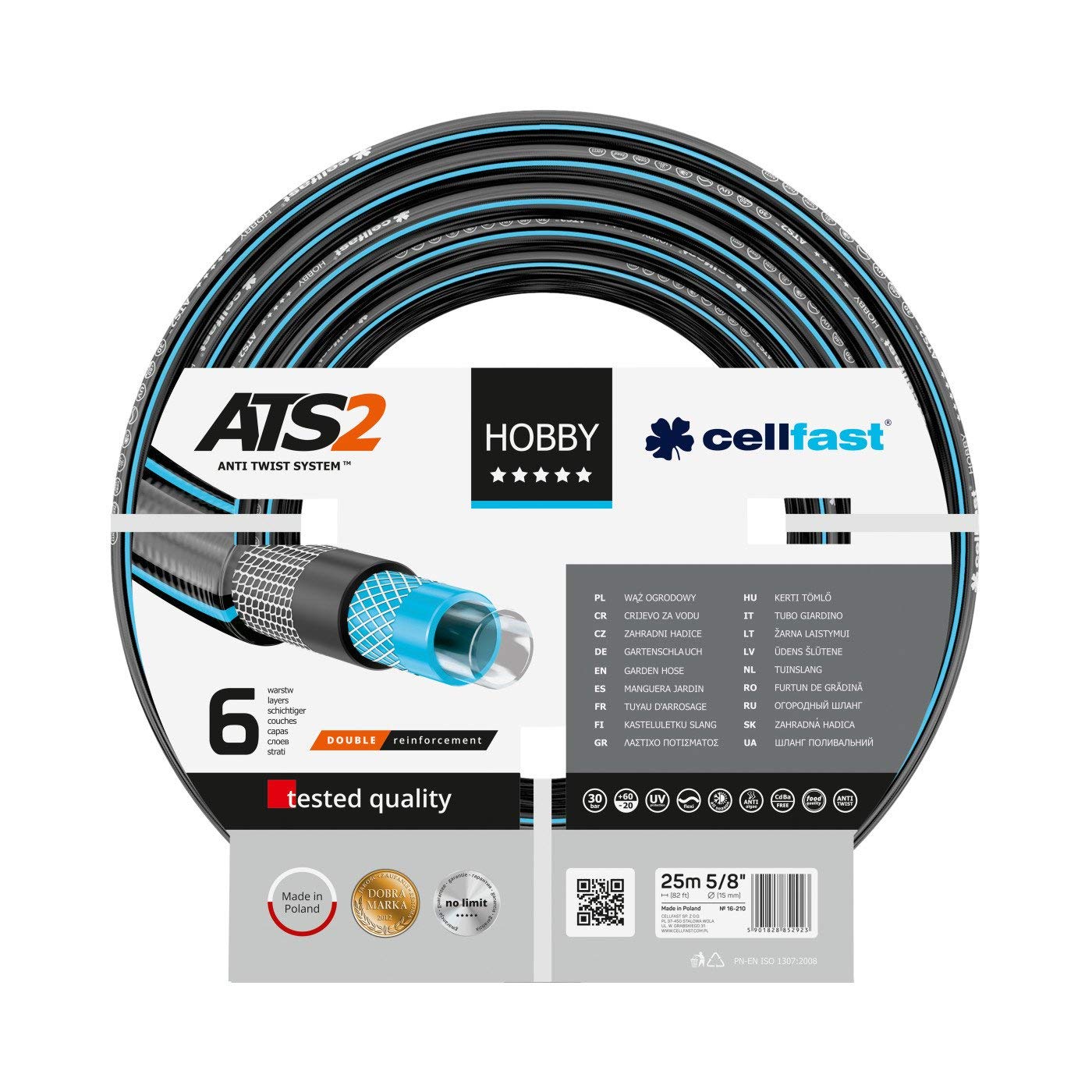 Cellfast Garden Hose HOBBY ATS2™ 5/8'' 25m, Flexible 6-layer Hose, Double Braid with Cross and Tricot Fabric, 30 Bar Burst Pressure, 16-210