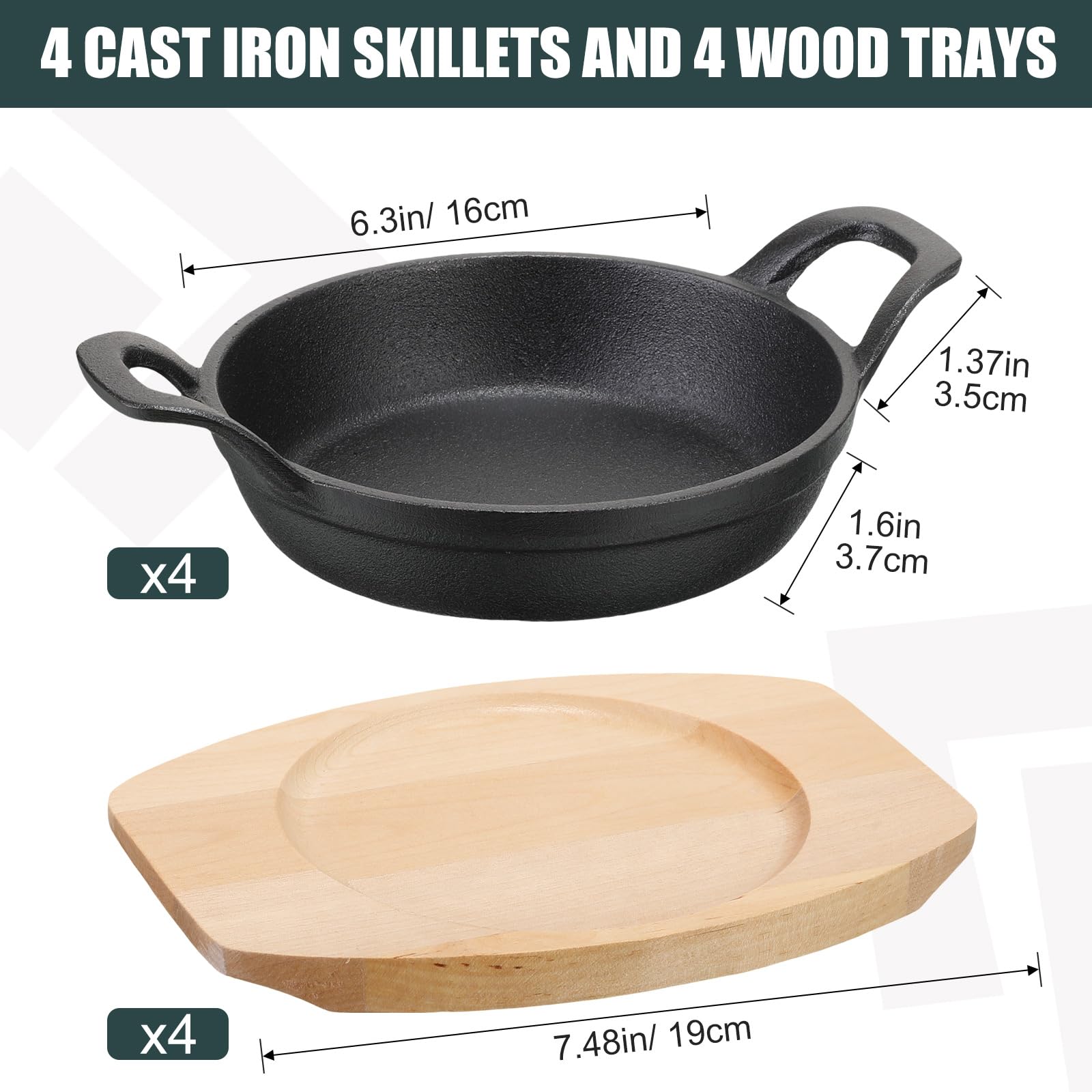 Lot De 4 Mini Poêles En Fonte 16cm Avec Supports Bois - Pour Fajitas, Service Chaud - Cuisson Four Et Plaque