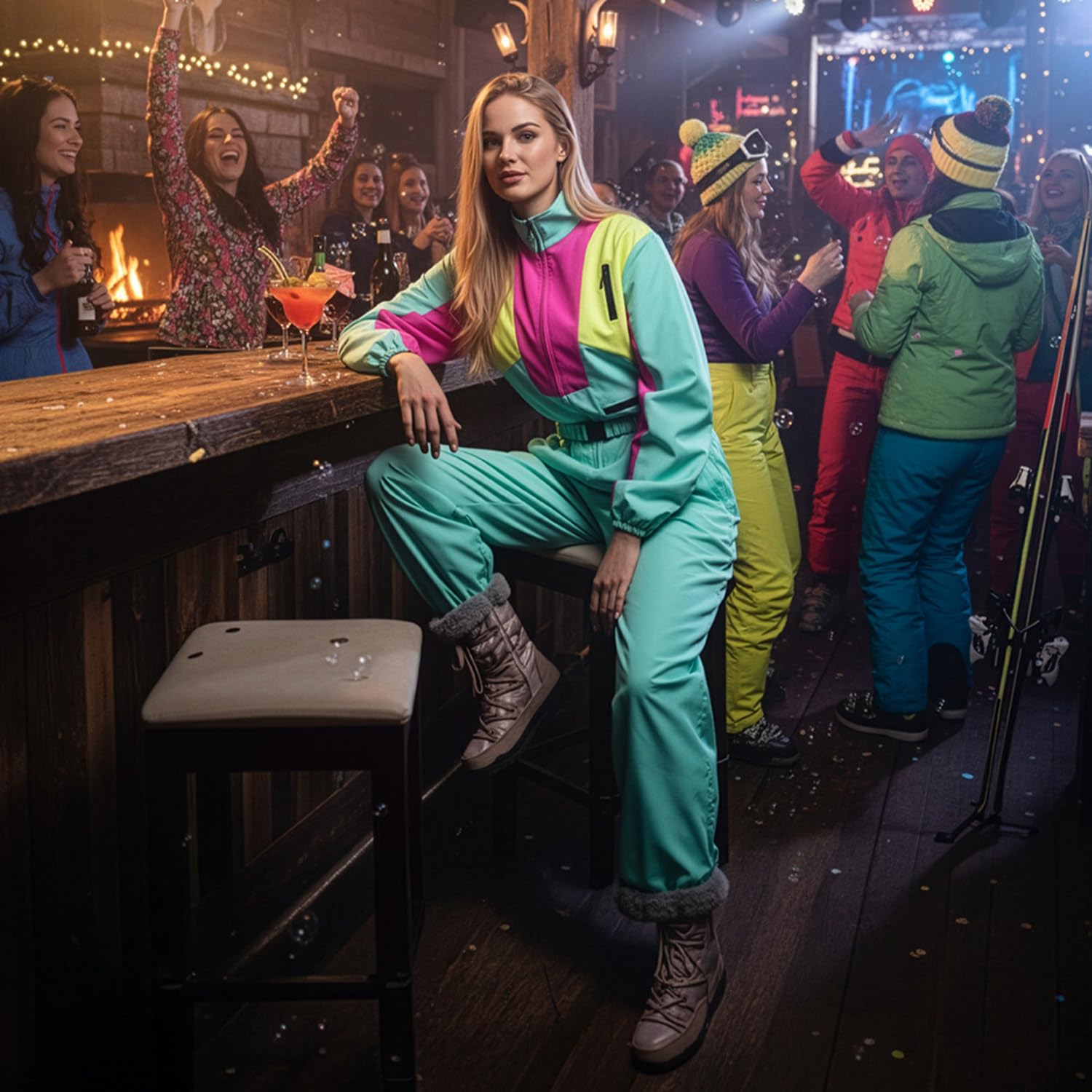 Boland – Combinaison de ski rétro, brille sous la lumière noire, costume des années 80 pour femmes, tenue pour après-ski, costume pour carnaval