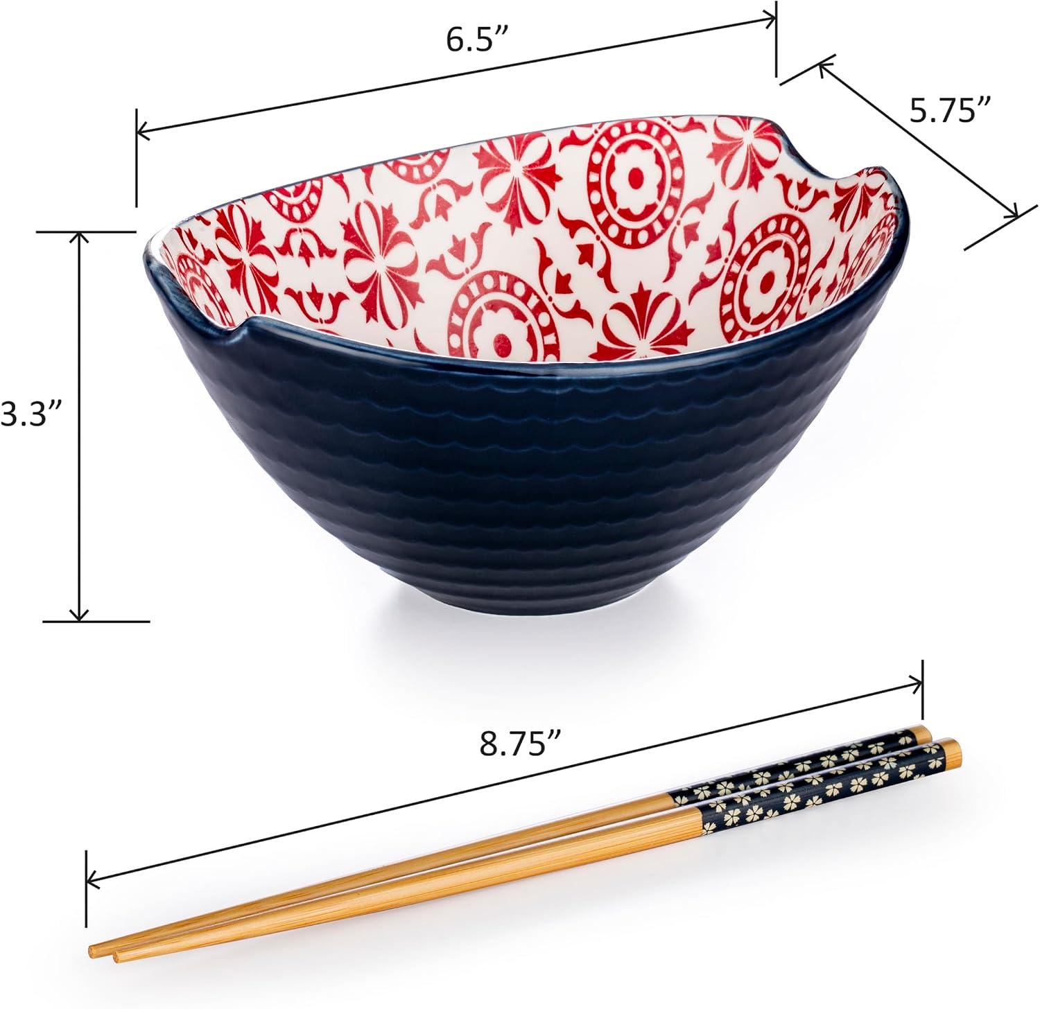 Signature Housewares Pad Print Blue/Red Ceramic Stoneware Oval Noodle/Pho/Ramen Bowl with Chopsticks