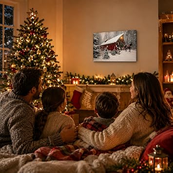 Lighted Red Covered Bridge Christmas Wall Art, LED Canvas Print with Horse Drawn Sleigh, Tree & Winter Snow Scene, Battery Operated Holiday Wall Decor for Farmhouse Christmas, 15.75 x 11.75 In