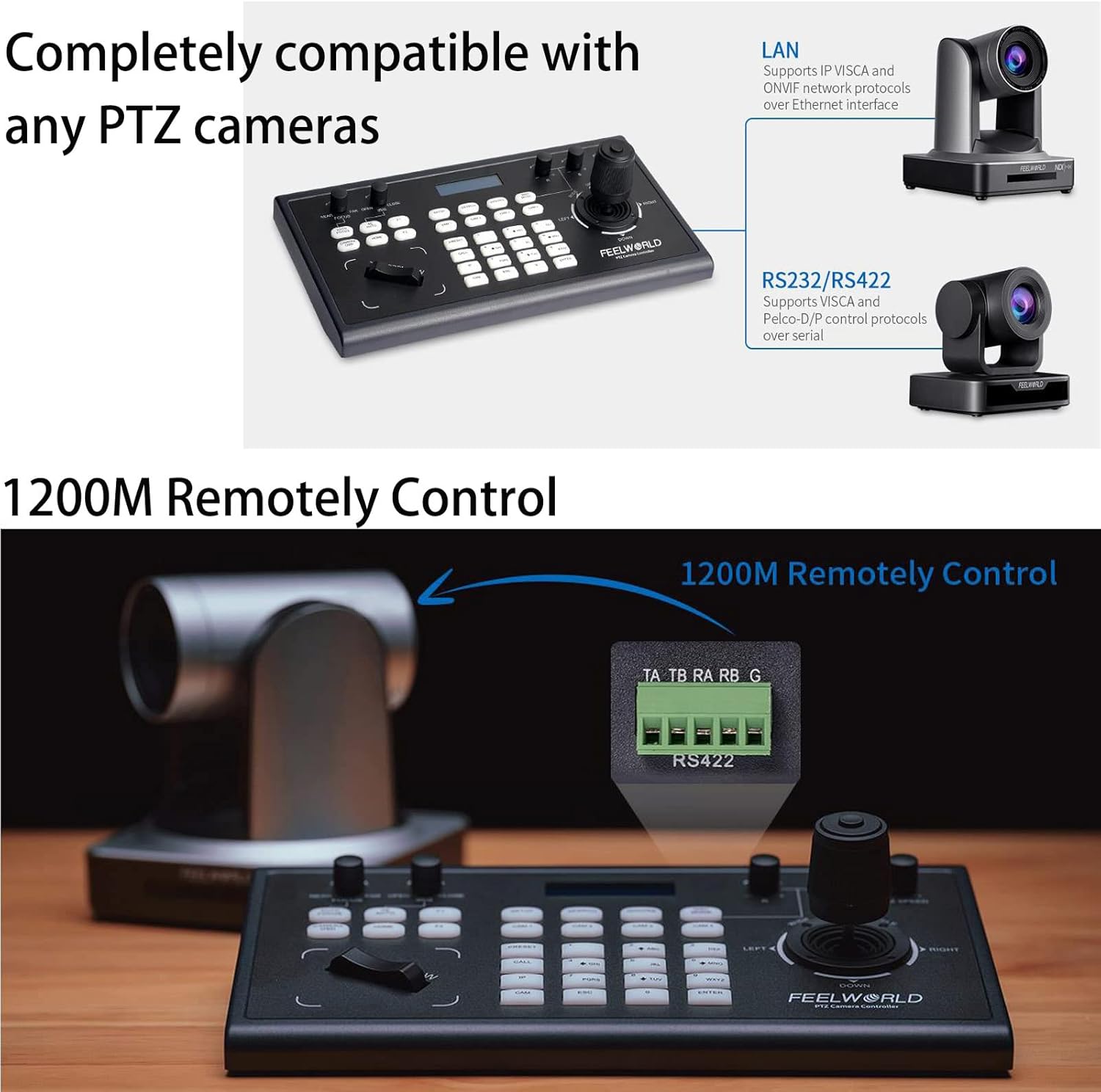 FEELWORLD KBC10 PTZ Camera Controller with Joystick and Keyboard Control PoE Supported.1200M Remotely Control and Up to Connect 255 PTZ Cameras