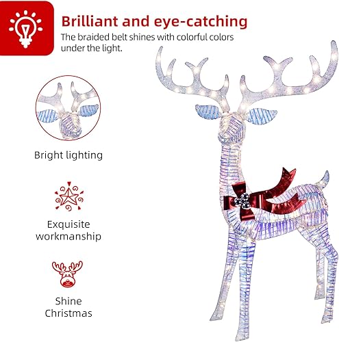 Miniatura 4 de Christmas Decorations Outdoors Reindeer Family - Light up Christmas Decor Iridescent Deer 3 Piece with LED Lights, Extension Cord, Ground Stakes,