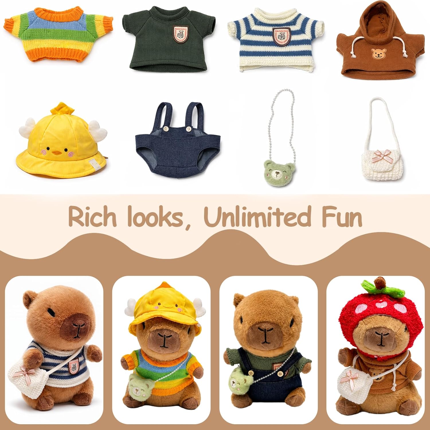 10.2" Brown Capybara Plush Toy with 9 Clothes and Accessories Super Soft Capybara Stuffed Animal for Kids Girls Boys (Brown Capybara)