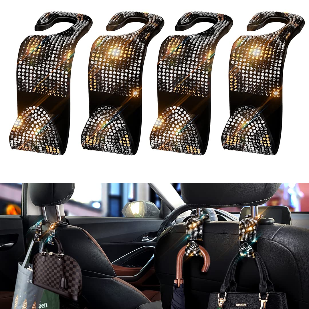 Murimt 4 Pcs Bling Car Seat Hooks for Purses and Bags, Leopard Print Headrest Hooks with Bling Car Accessories