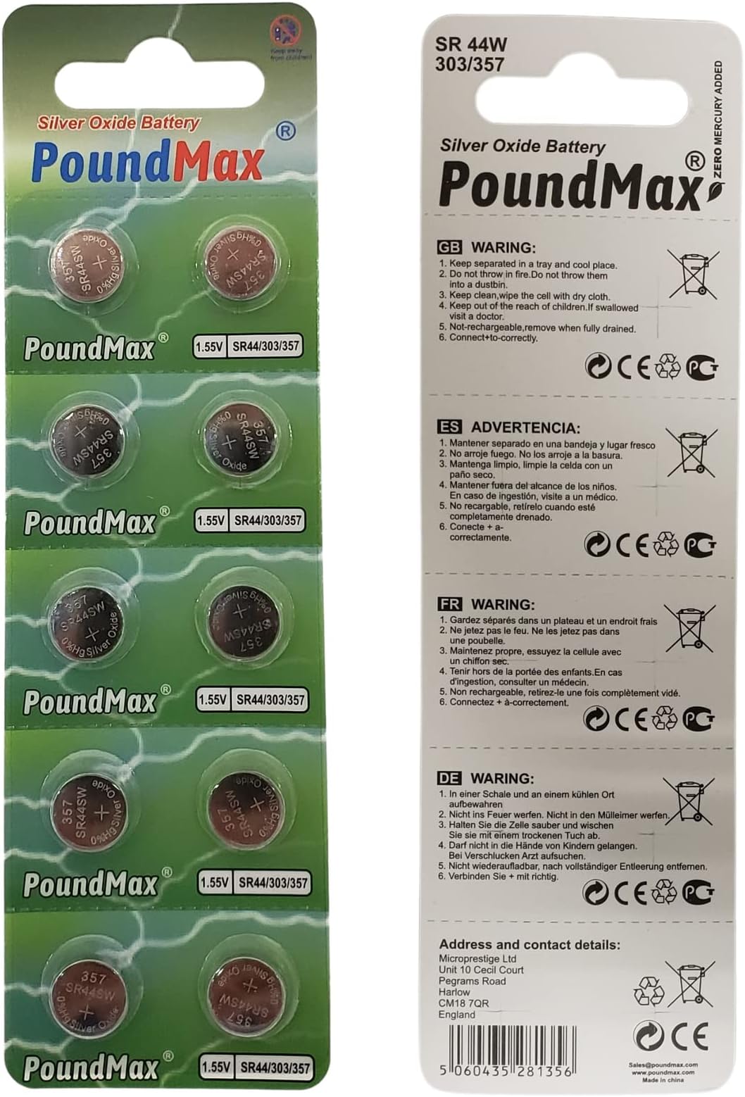 10 x PoundMax SR44 1.55 V Silver Oxide Button Cell Battery