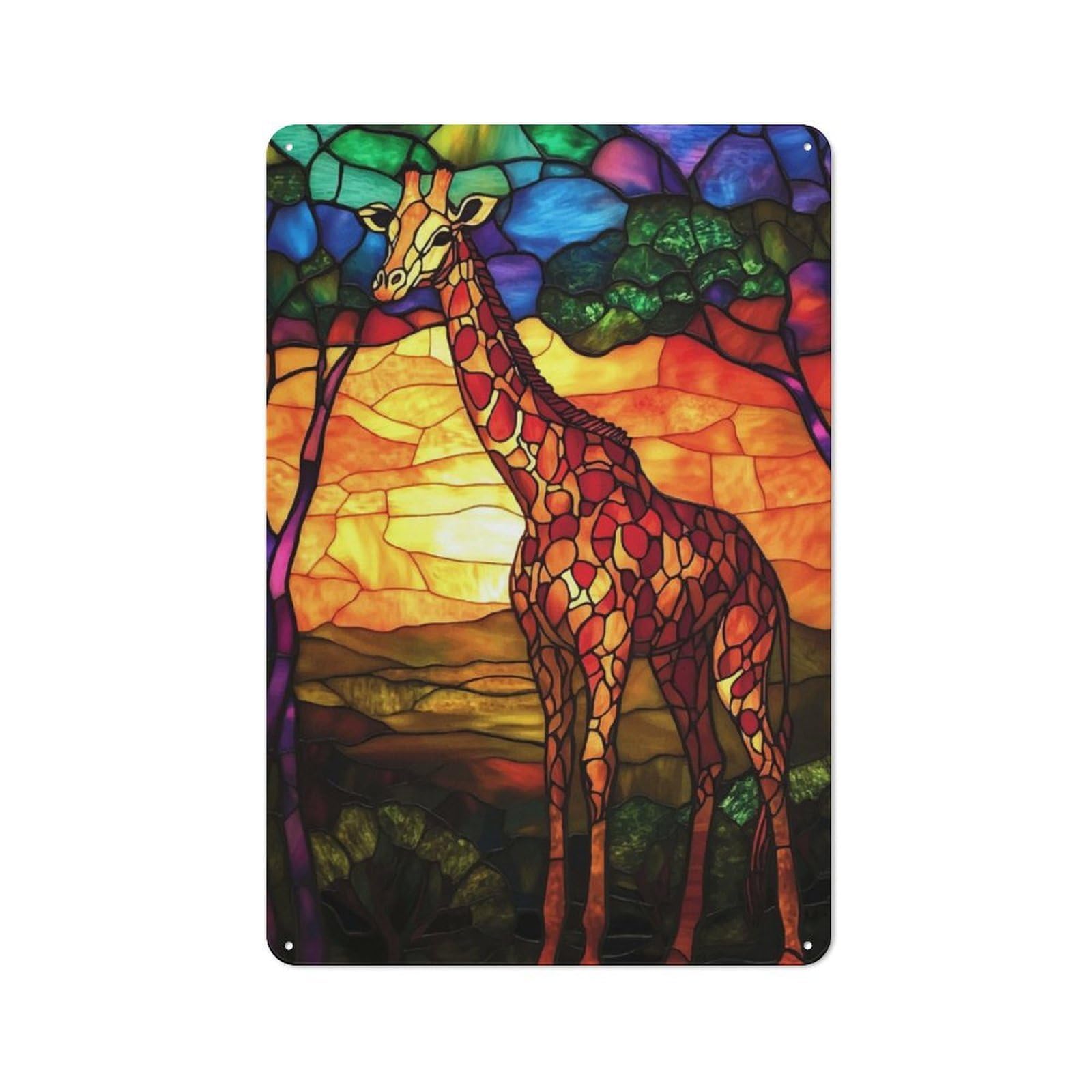 Junmoney Stained Glass Giraffe Rustic Metal Sign 30X20cm, Barn Style Farmhouse Wall Decor For Kitchen, Cottage, Porch Or Garden Room