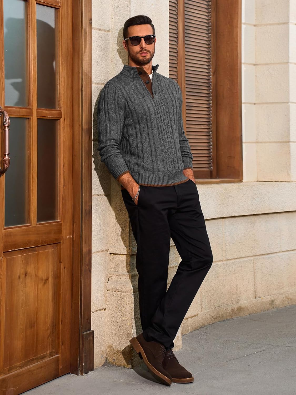 Yousify Mens Stand Collar Pullover Sweater Casual Cable Knitted Quarter Button Sweaters Winter Chunky Thermal Polo Sweaters - Image 4