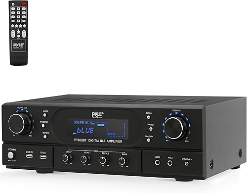 Pyle Amplificador receptor de cine en casa Bluetooth Amplificador de potencia máxima de 180 W con agudos, graves, control de eco, MP3USBFM, sistema