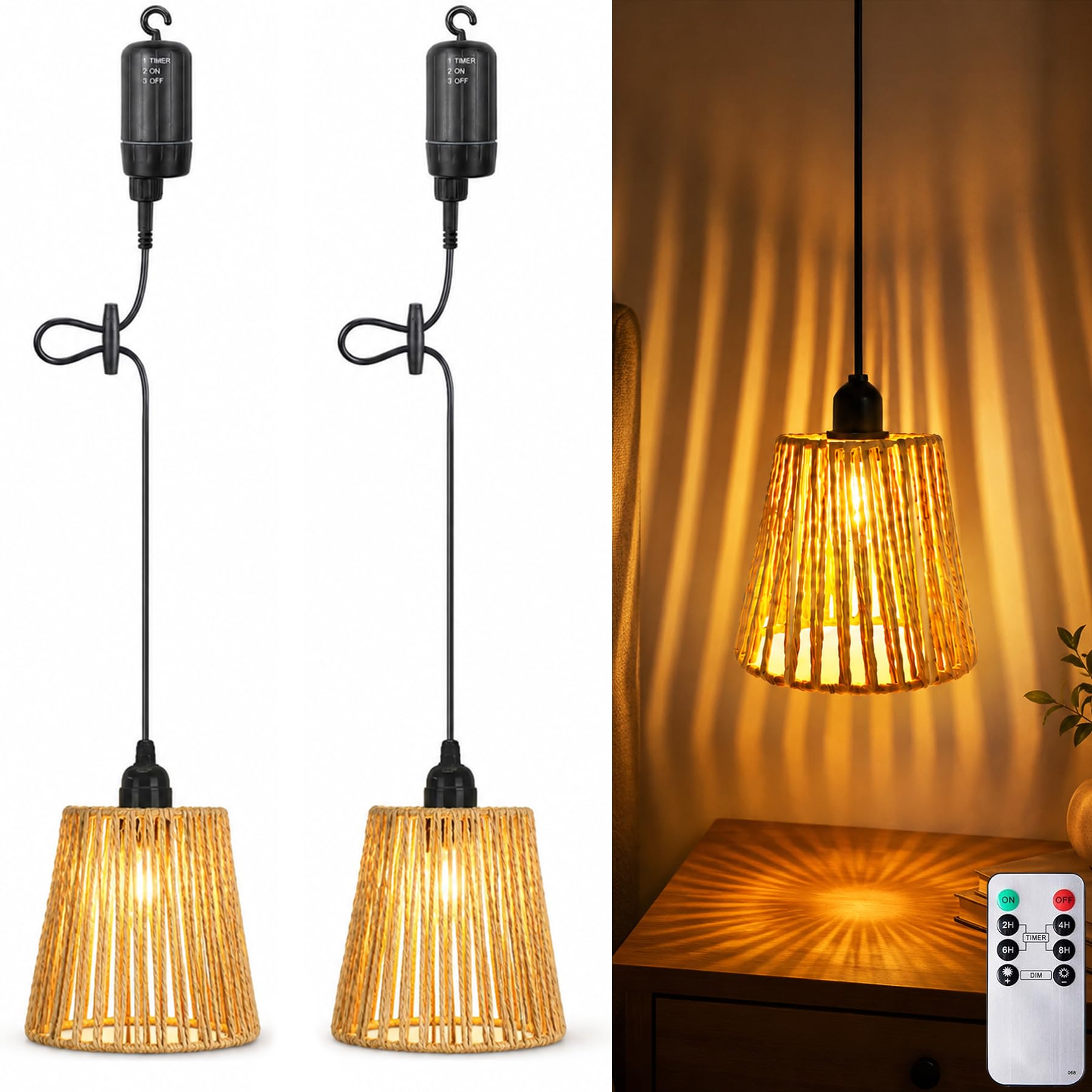 Boho Rattan Hängelampe,2 Stück Außen Innen Hängeleuchte,Batteriebetriebene Lampe Tragbare,Boho Korb Lampenschirm Pendelleuchte,Lampe Hängend,Hängeleuchte Rattan Mit Fernbedienung