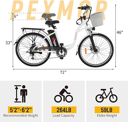 Miniatura 9 de PEXMOR Bicicleta eléctrica para adultos, bicicleta eléctrica de 350 W, bicicleta de viaje de 36 V, 12.5 AH, batería extraíble, bicicleta de crucero