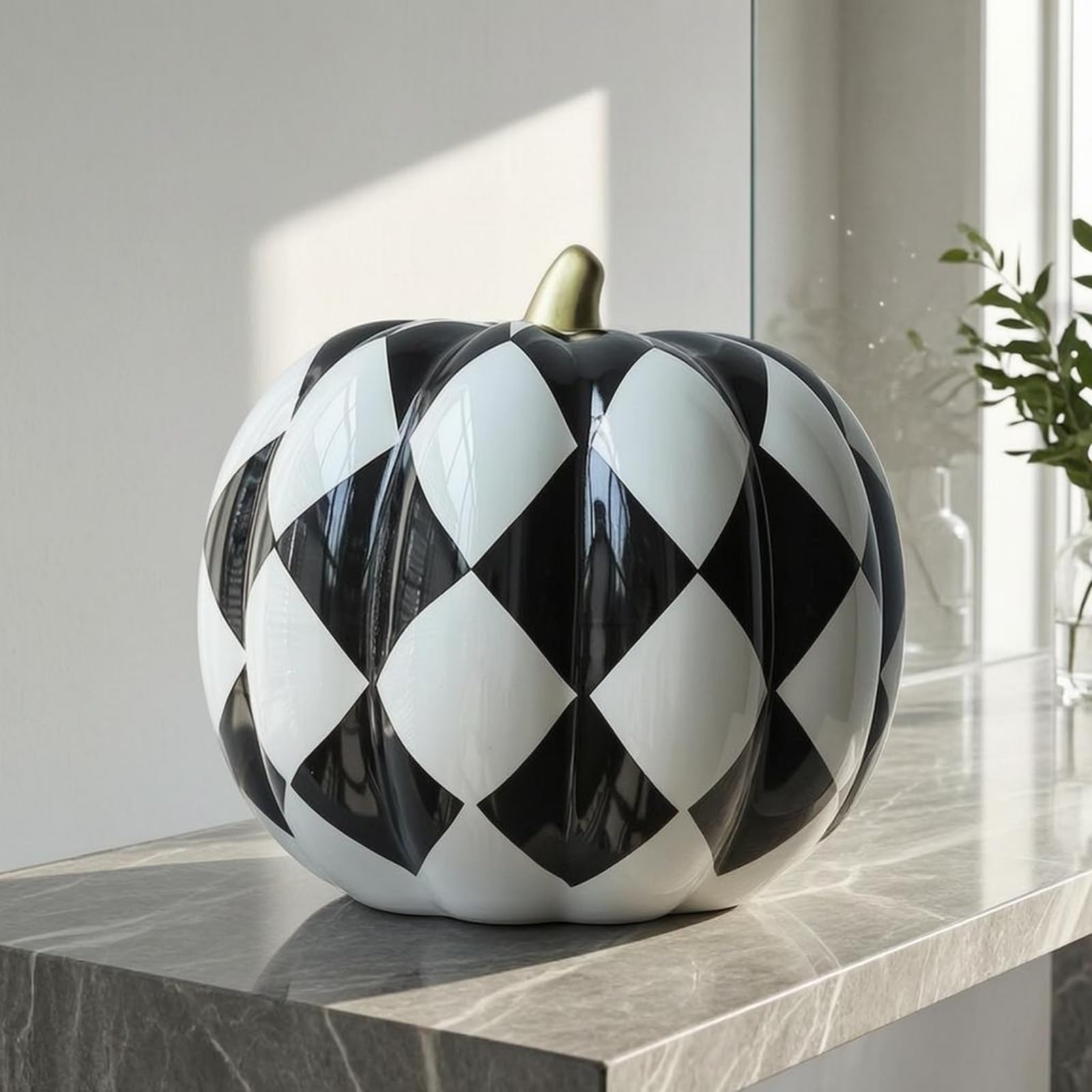 Qianly Figura di Zucca in Ceramica Ornamento da Casa Decorazione Zucca Scultura con Superficie Luminosa E Motivo a Quadri Adatta per Living Scaffalature Consolle Scene 22cmx21cm