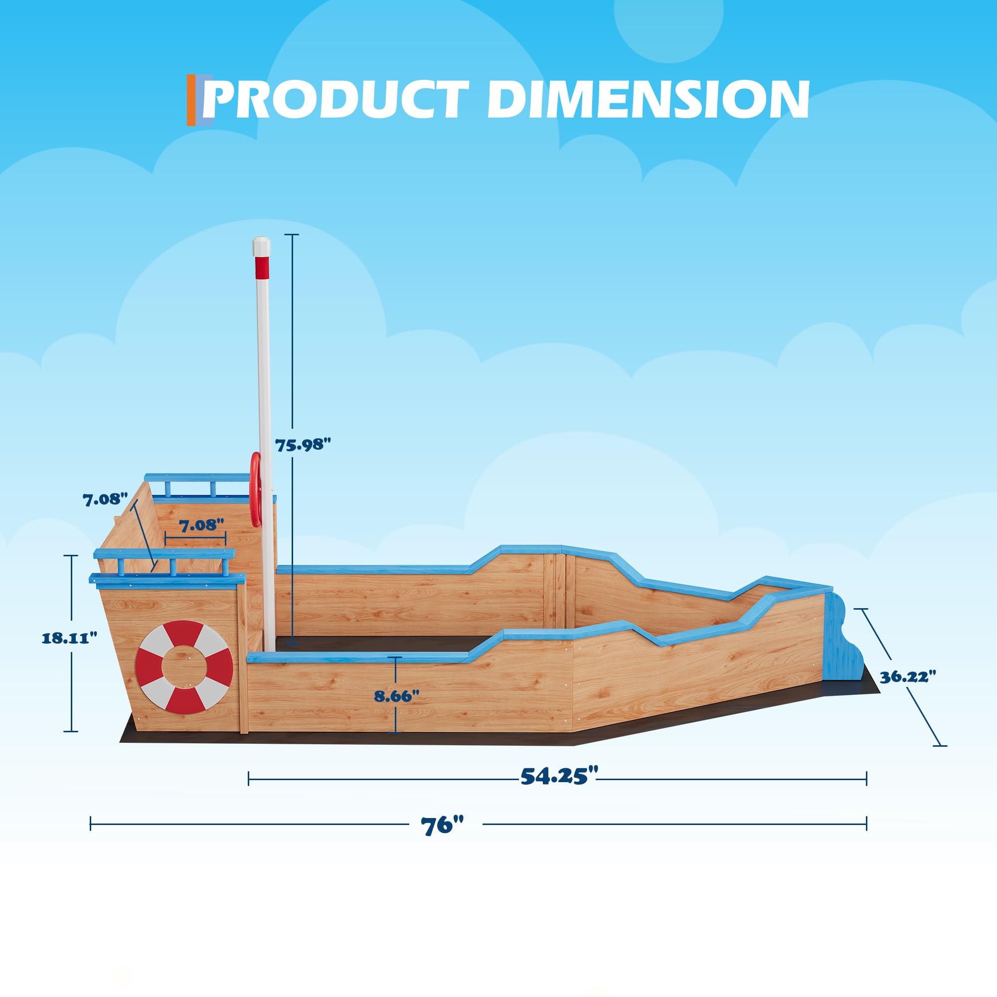 Pirate Ship Wooden Sandbox, Outdoor Sand Box with 2 Bench Seats, Bottom Liner, Kids Sandpit Boat w/Rudder, Realistic Flag, Buoy for Ages 4-8, Spacious Kids Sand Pit for Beach Patio, Backyard