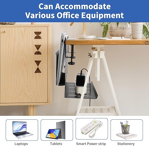 Miniatura 5 de LUKETURE Almacenamiento lateral de escritorio, soporte para laptop con bandeja de gestión de cables, soporte de acero 2 en 1 para debajo del