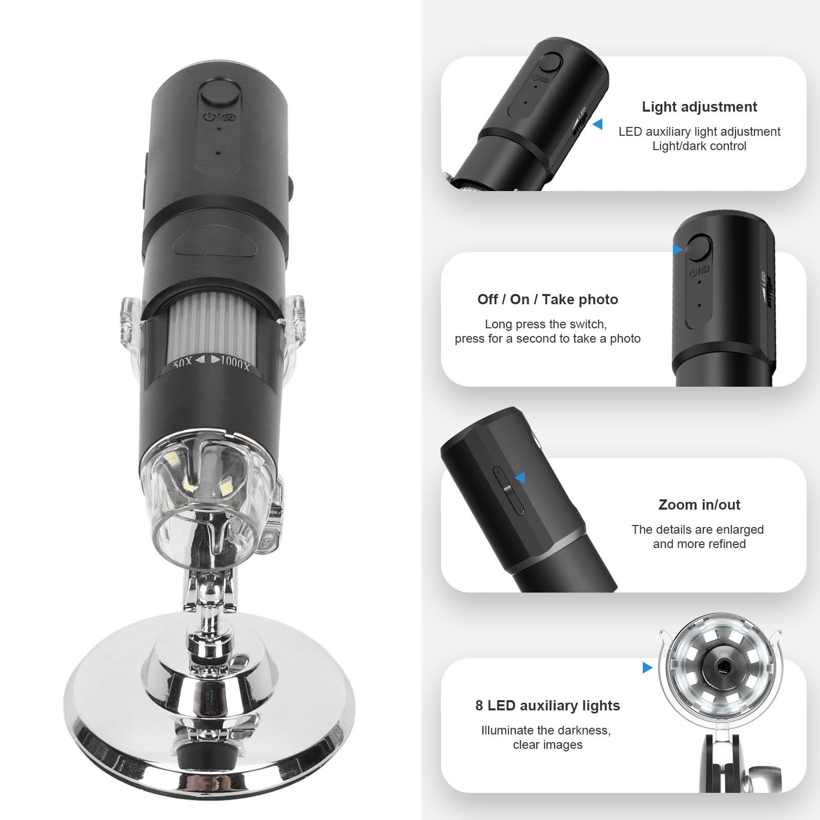 Microscopio Digital Inalámbrico 50X-1000X, WiFi Portátil Mini USB Microscopio Cámara Lupa para Teléfono y Computadora, para Placa de Circuito Electrónico del Cuero Cabelludo
