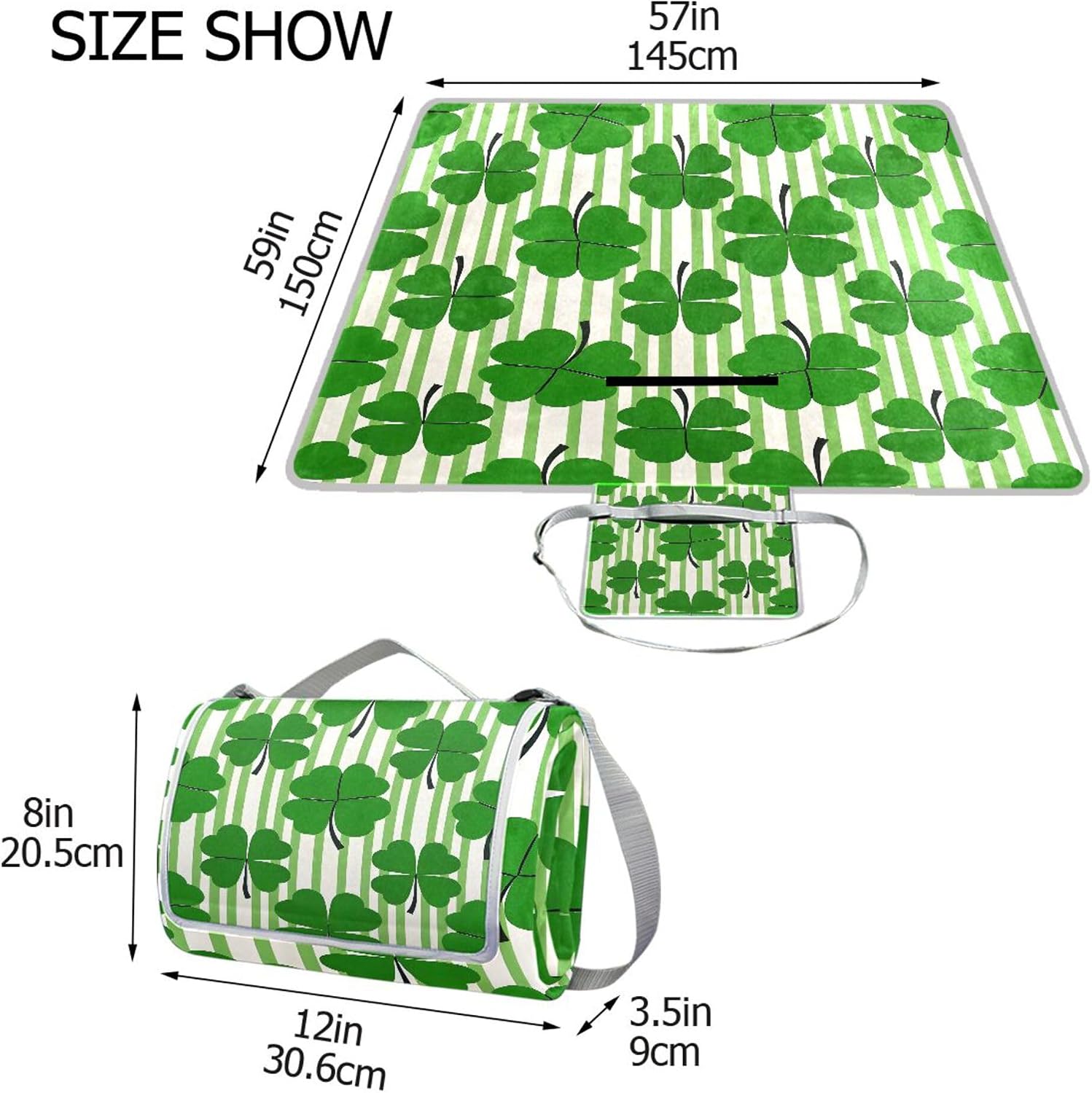 MNSRUU Picnic Blanket Waterproof Foldable, Stripe Clover Large Outdoor Picnic Blanket Beach Blankets Camping Blanket Travel Mat, Shoulder Strap Tote, Rectangle 57x59in