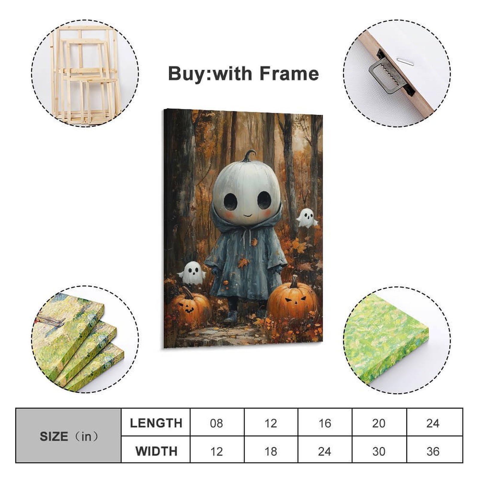 Poster su tela con stampa moderna per la casa, poster di Halloween, zucca, elfo della foresta, immagine carina e ha un senso del festival, decorazioni per Halloween, 50 x 75 cm, con cornice