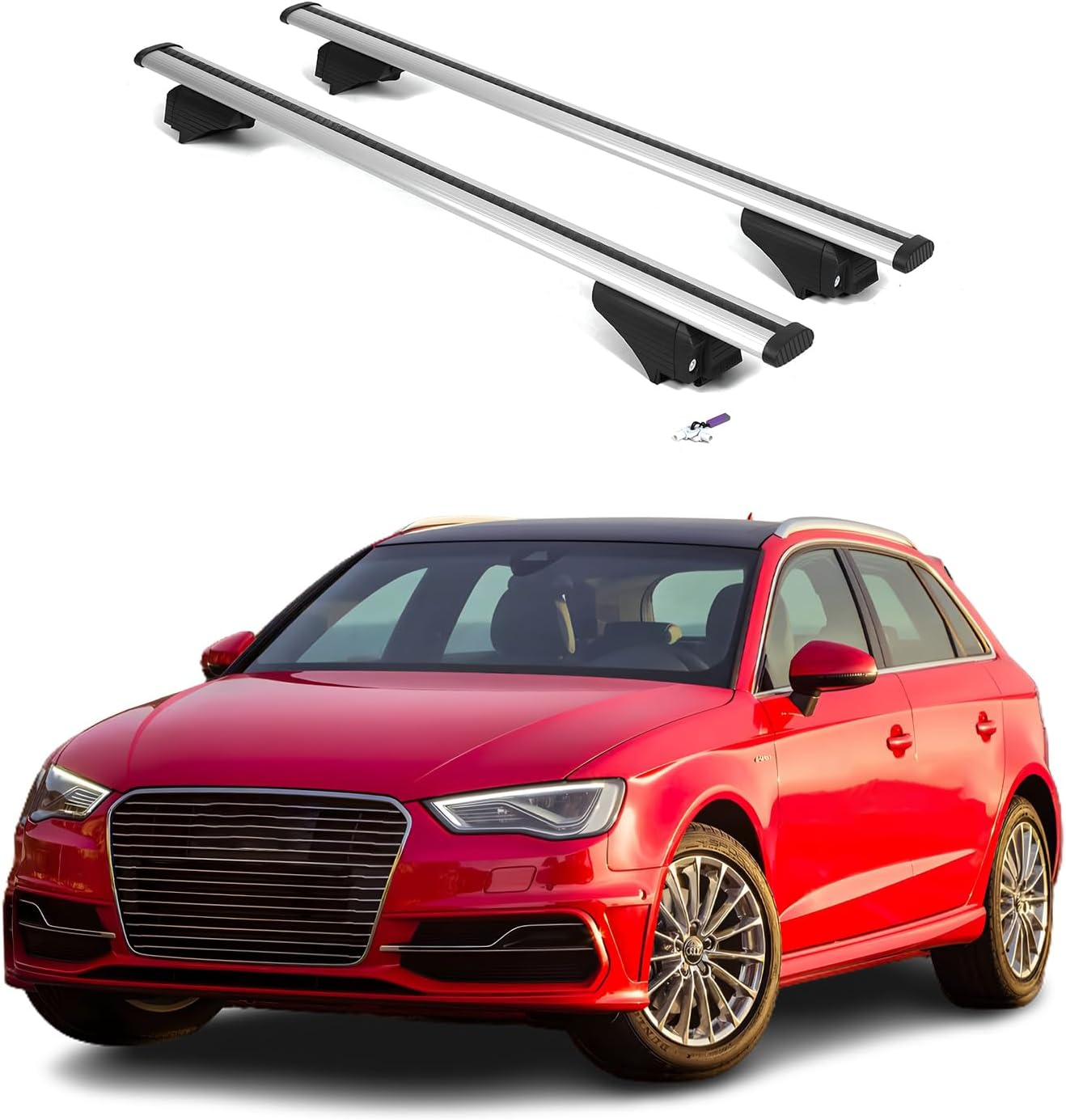 ERKUL Roof Rack Cross Bars for Audi A3 Sportback e-tron 2016-2018 | Aluminum Crossbars with Anti Theft Lock for Rooftop | Compatible with Flush Rails - Silver
