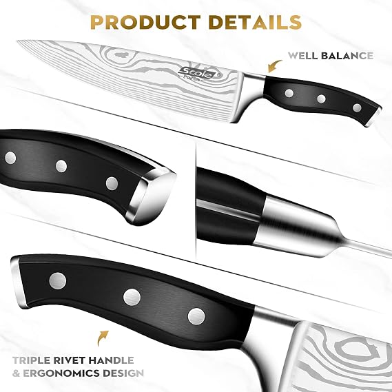 SCOLE Knife Set Ultra Sharp Kitchen Knife Set 7 Pieces Japanese German 1.4116 Stainless Steel Knife Set Professional Chef's Knife Set with Ergonomic Handle with Gift Box
