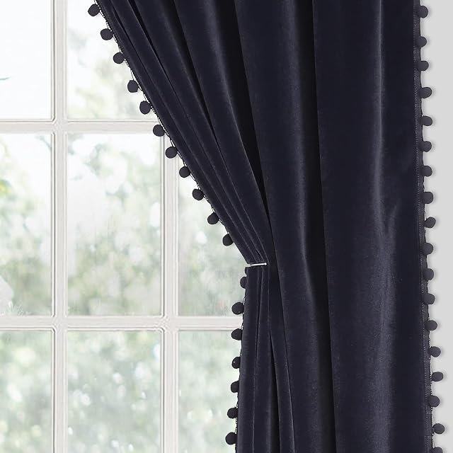 CAROMIO Blackout Curtains for Bedroom Black Velvet Curtains Thermal 54 Inch Drop Pom Pom Curtains Room Darkening Drapes Rod Pocket Small Window Drapes for Living Room 42 x 54 Inch 2 Panels