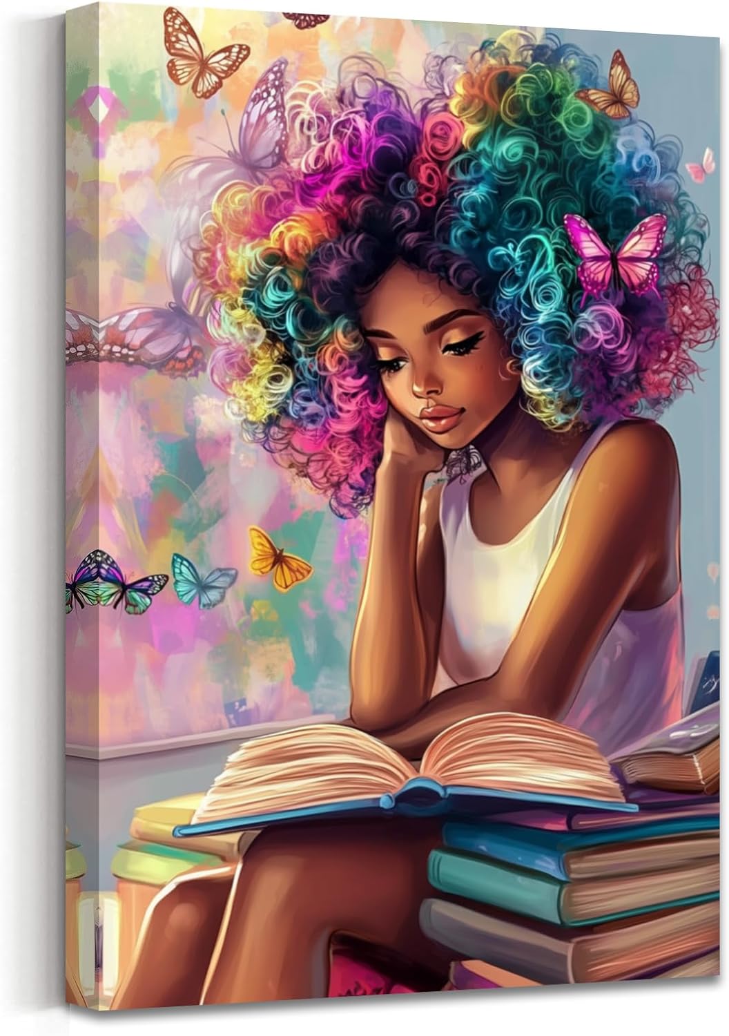 AWPANERAR Black Girl Reading Book Wall Art African American Canvas Print Butterfly Girl Picture Fashion Black Girl Poster for Boho Teen Girls Bedroom Decor Framed (Pink, (24L x 16W))