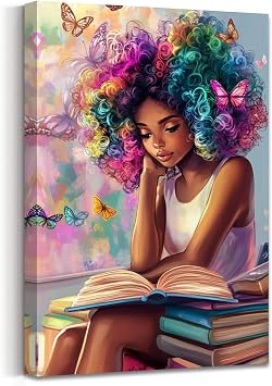AWPANERAR Black Girl Reading Book Wall Art African American Canvas Print Butterfly Girl Picture Fashion Black Girl Poster for Boho Teen Girls Bedroom Decor Framed Pink, 18L x 12W