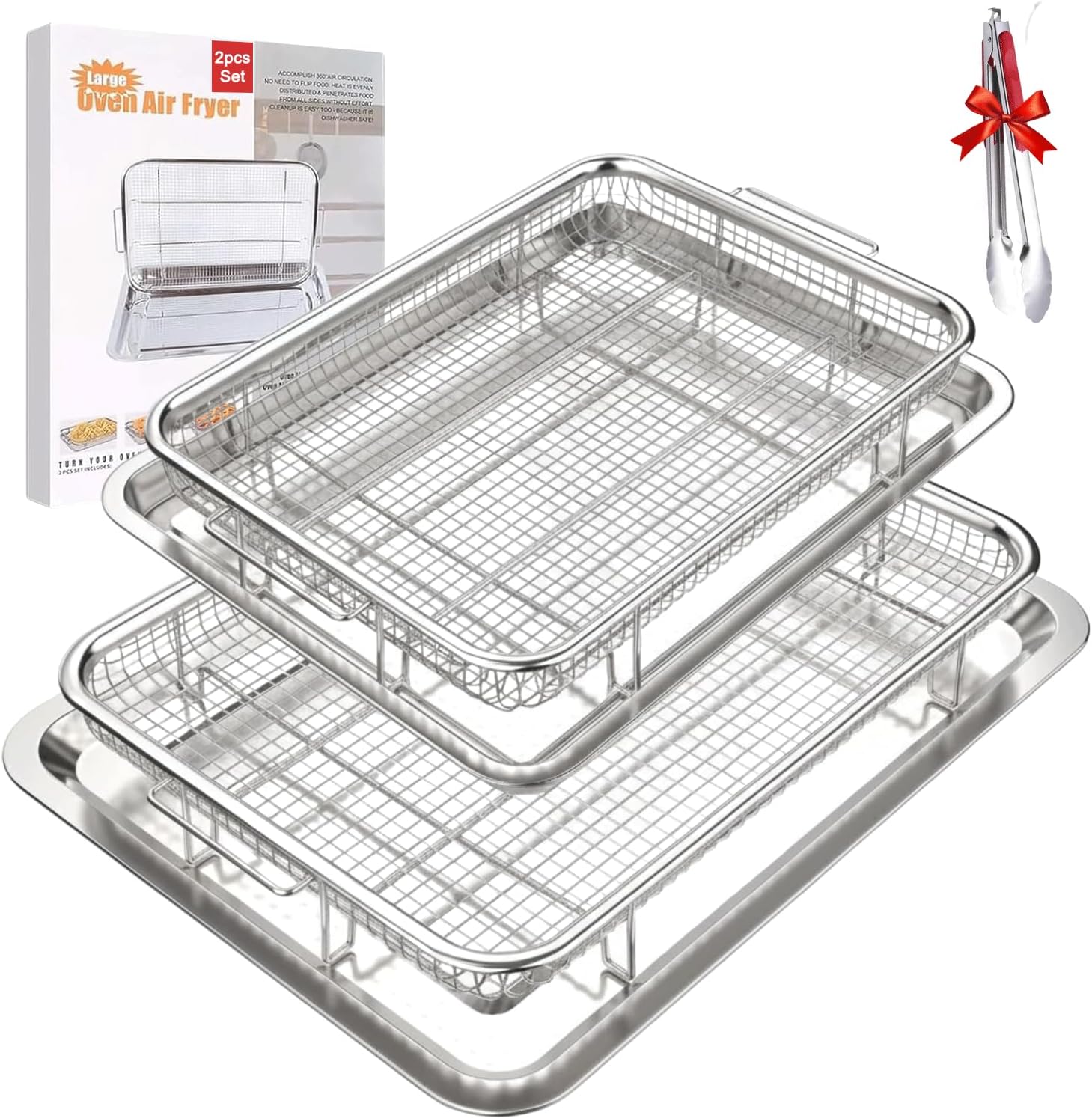 Air Fryer Basket & Tray set for Oven with a Tong, 2 Set 18.8“ x 11.2“ large Stainless Steel Crisper Tray, Stainless Steel Air Fryer Basket for Grilling & Baking product image