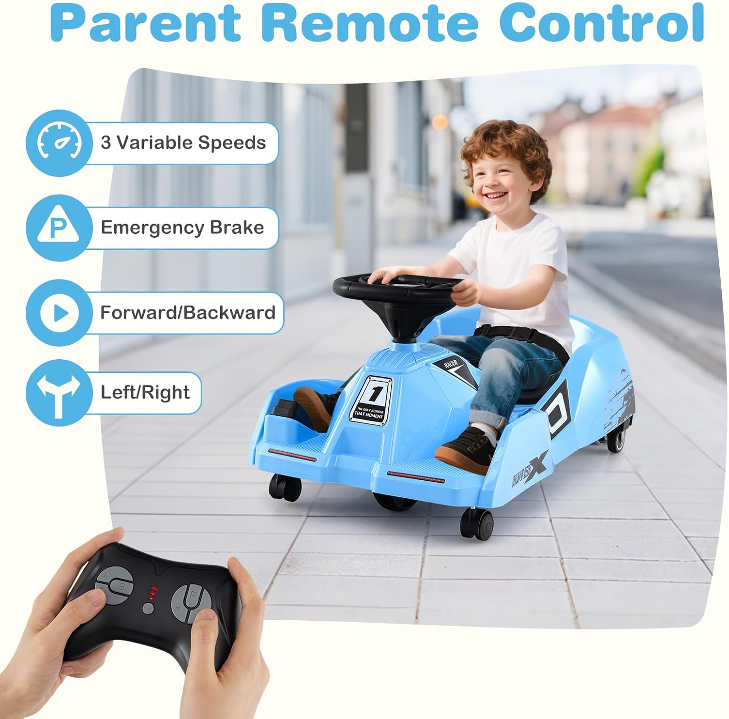 Costzon Electric Cleaning Go Kart for Kids, 12V Battery Powered Ride on Race Car with Detachable Mop, 3-Speed Remote Control, Horn, Music & Wireless Connection, Go Cart for Aged 2-5 Gifts (Blue)
