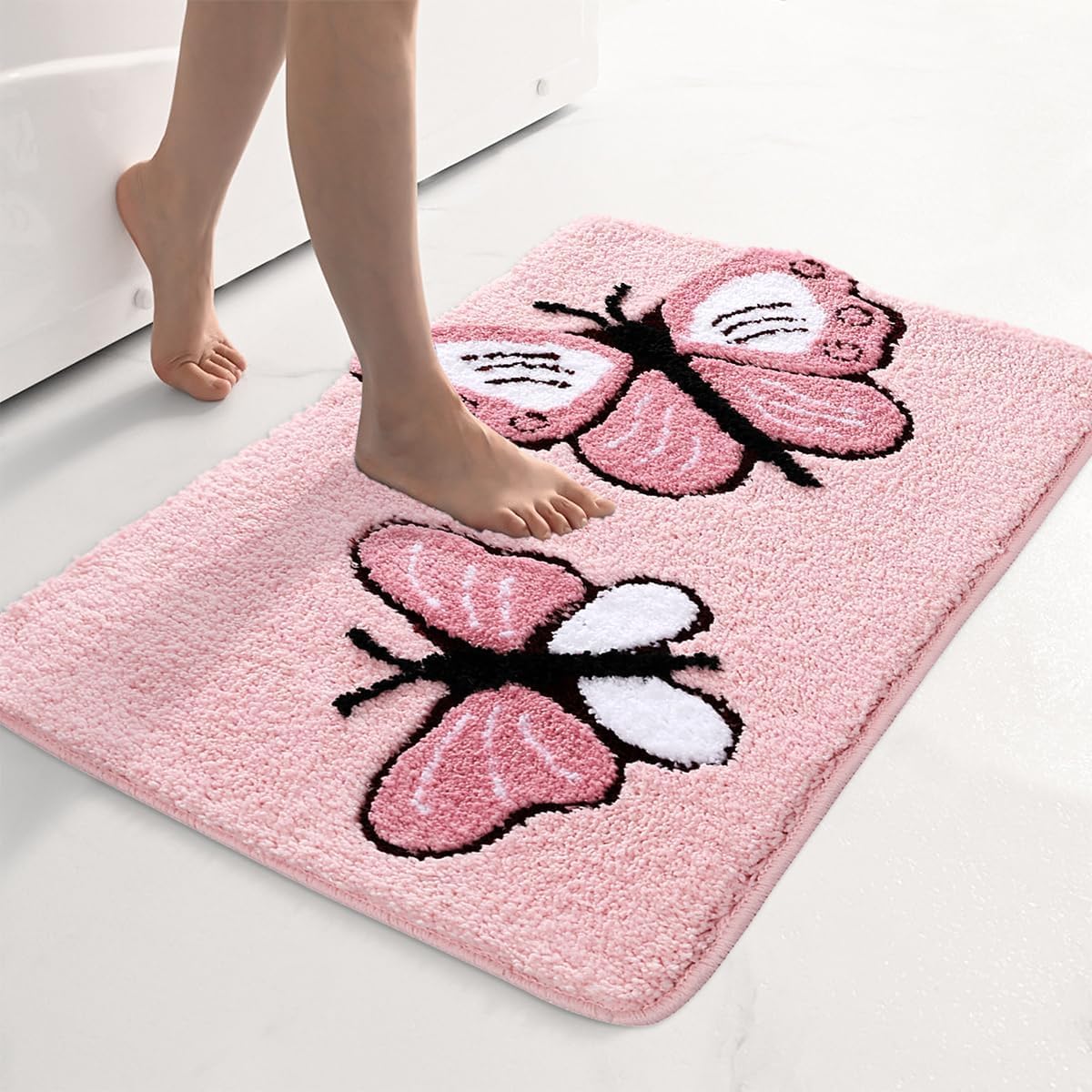 vihs Cute Butterfly Bathroom Rugs Girls Funny Bath Mat Non Slip Washable Shaggy Bedroom Runner Rug Floor BathMats Door Mats Absorbent Soft Microfiber Carpet for Shower, Bathtub (18" X 28", Pink)-image-18