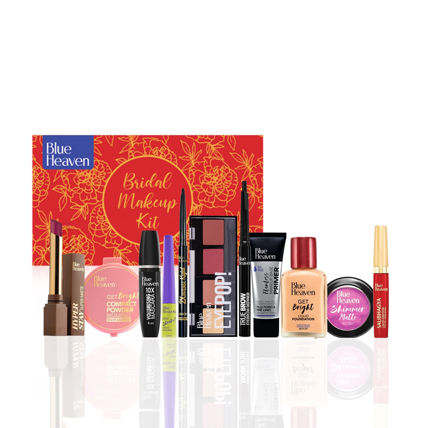 Blue Heaven All-In-One Bridal Makeup Kit for women | Pack of 11 | Primer, Foundation, Compact Powder, Eyebrow Definer, Eyeliner, Kajal, Mascara, Eyeshadow, Lipstick, Sindoor & Blush | 55.1g + 49.5ml-image-5