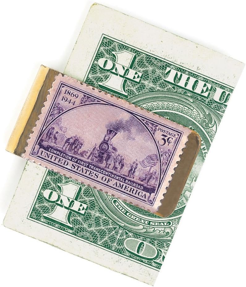 American Coin Treasures Stamp Money Clip - U.S. Mint Railroad Train Stamp | Brass Moneyclip Layered in Pure 24k Gold | Holds Currency, Credit Cards, Cash | U.S. Coin | Certificate of Authenticity