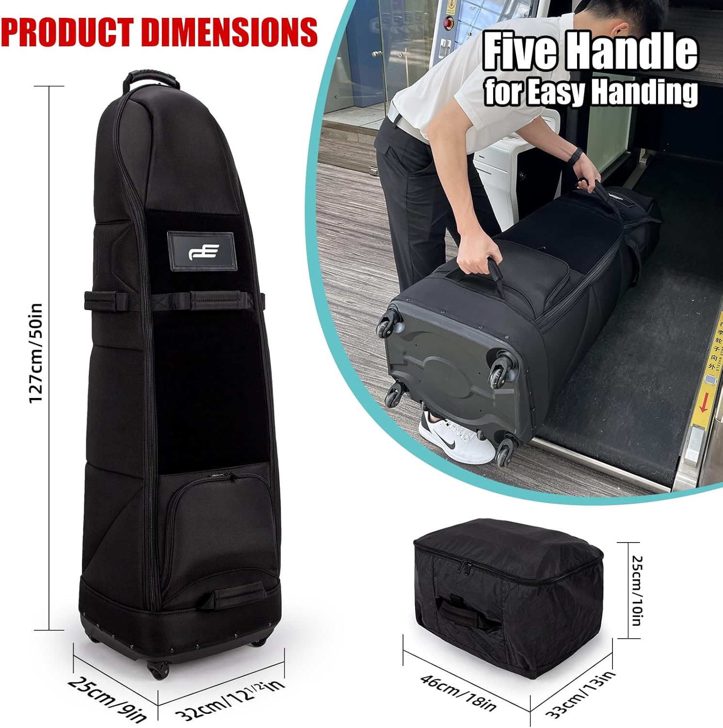 Self Standing Upright All Direction 4 Spinner Swivel Wheel Golf Travel Bag. Soft-Sided Fully Padded Heavy Duty Fabric. Multidirectional Airline Travel Cover Case. Compact Foldable Carry Bag Included.