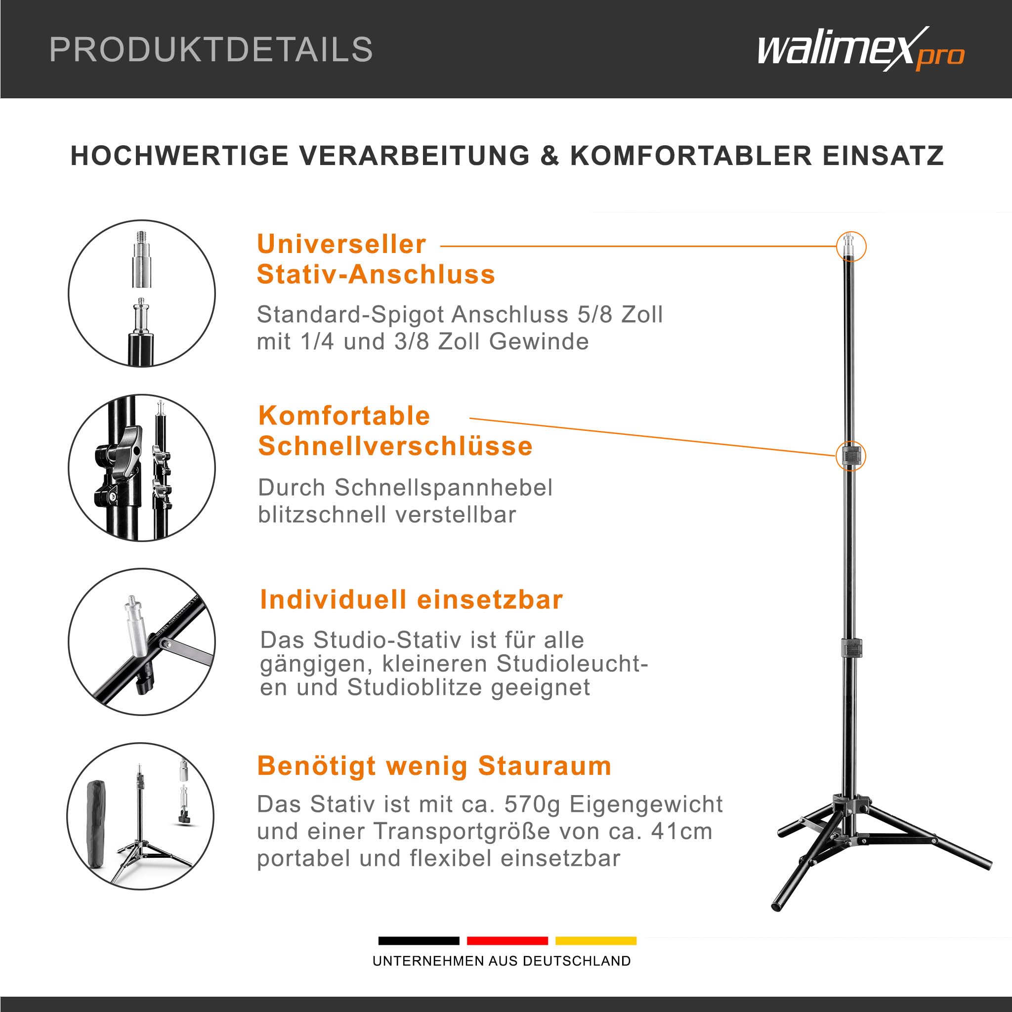 Walimex WT-802 Lampenstativ 108 cm, höhenverstellbares Lichtstativ belastbar bis 2,5 kg, Studiostativ mit 5/8 Zoll Spigot, Blitzstativ mit 1/4 und 3/8 Zoll Gewinde
