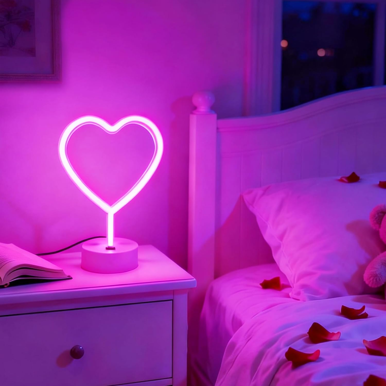 Attivolife Heart Neon Sign, Pink LED Lights for Wall Decor, Love Shaped wuth Base, USB or 3-AA Battery Powered, Girl Bedroom Table Decor for Woman Couple Wedding Party Valentine's Day Birthday Gifts