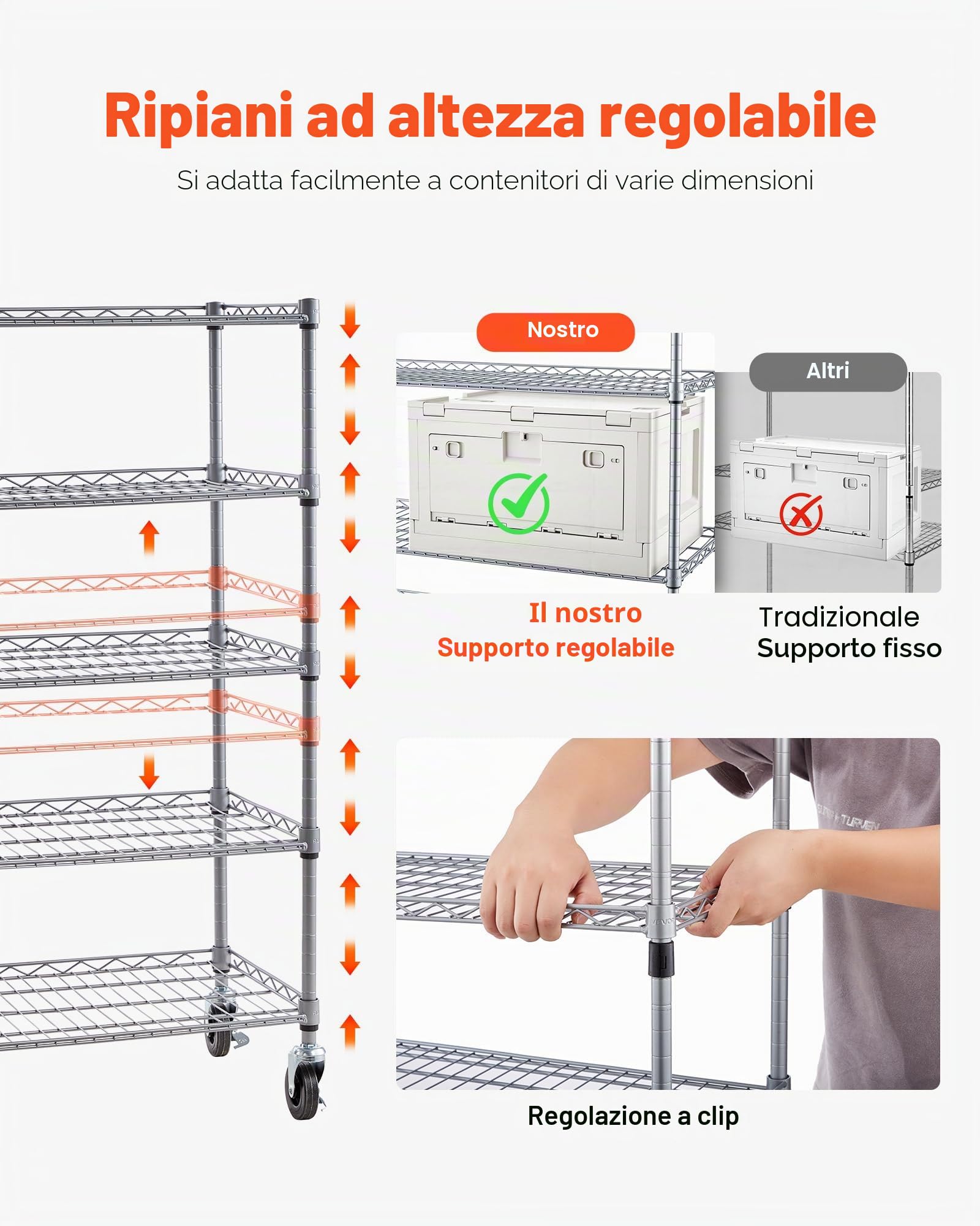 VEVOR Scaffale per Carichi Pesanti Portaoggetti con Ruote a 5 Ripiani, 12 Contenitori Portaoggetti, Sistema di Scaffalature in Filo d'Acciaio, per Garage, Magazzino, Ufficio, Ristorante, Aula, Cucina