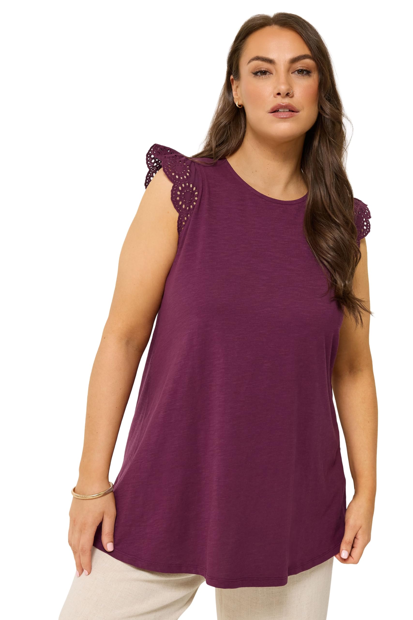 Yours Women's Purple Curve Broderie Frill Vest Top - Plus Size Curve