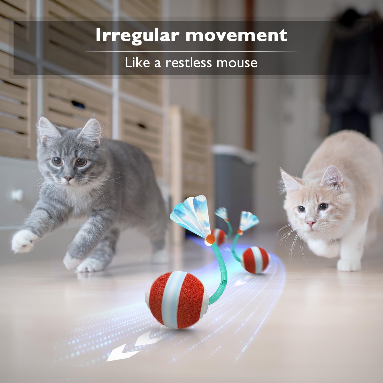 YVE LIFE Pelota interactiva de juguetes para gatos de interior, bola de movimiento ágil con cola de malla elástica, juguetes automáticos para gatos adultos aburridos de interior, activado por