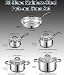 Cook N Home Stainless Steel Cookware Sets 10-Piece, Pots and Pans Kitchen Cooking Set with Stay-Cool Handles, Dishwasher Safe, Silver | Pots and Pans Kitchen Cooking Set with Stay-Cool Handles, Induction Ready, Oven & Dishwasher Safe,