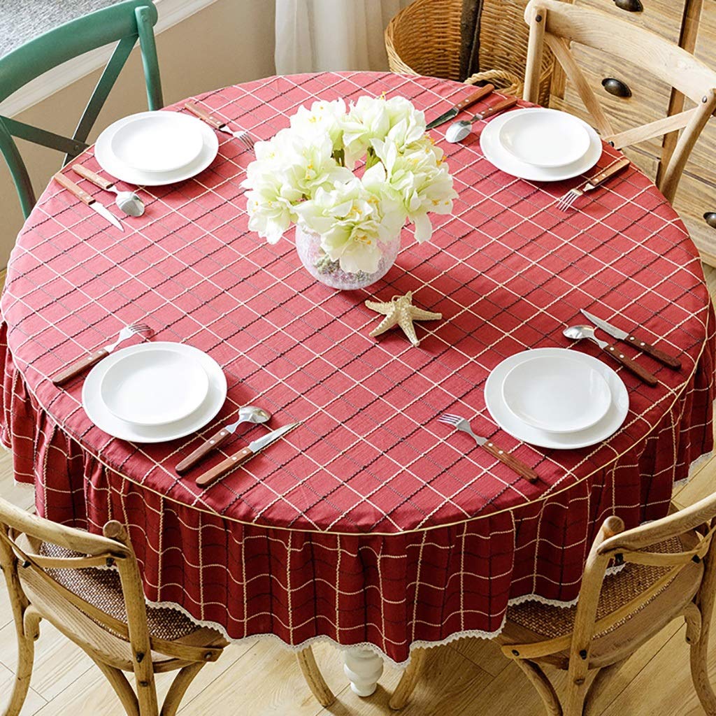 Nappe de broderie à la main ronde et rectangulaire en tartan rouge unique