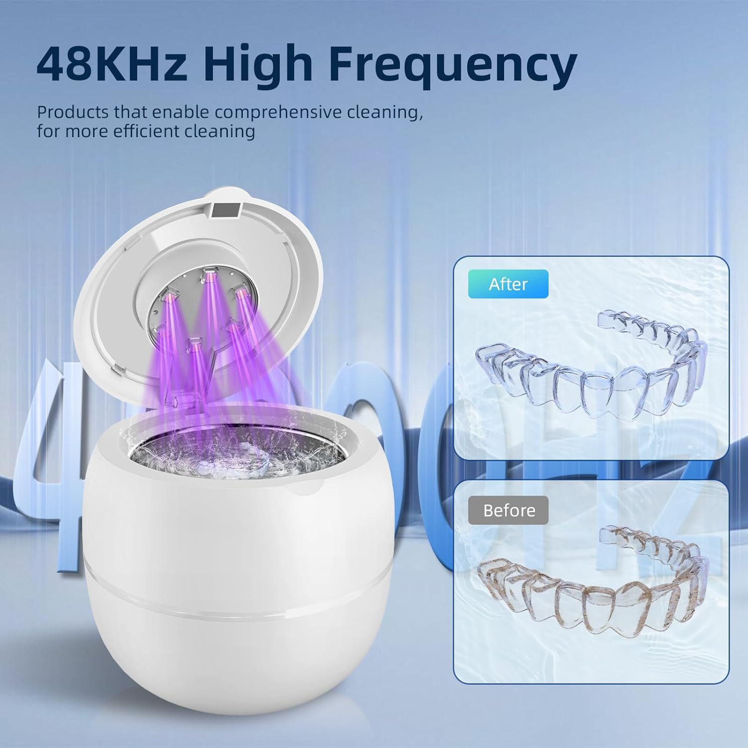 Wireless Ultrasonic Retainer Cleaner Machine 48kHz 210ML Ultrasonic Cleaner, Dental Cleaning Pod with 6 UV Lamps, Digital Timer, 4 Modes, UV Cleaner for Dentures, Aligners, Braces, Jewelry - Image 5