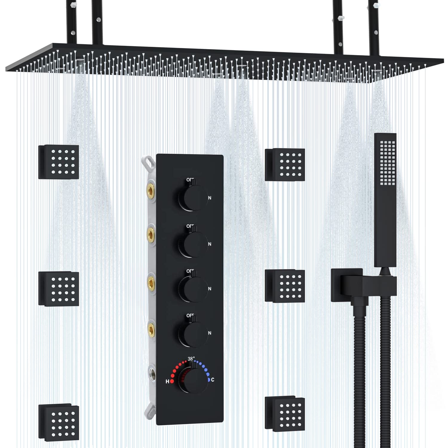 Thermostat-Duschsystem Mit Körperdüsen – 40,6 Cm Regendusche, LED & Bluetooth In Edelstahl