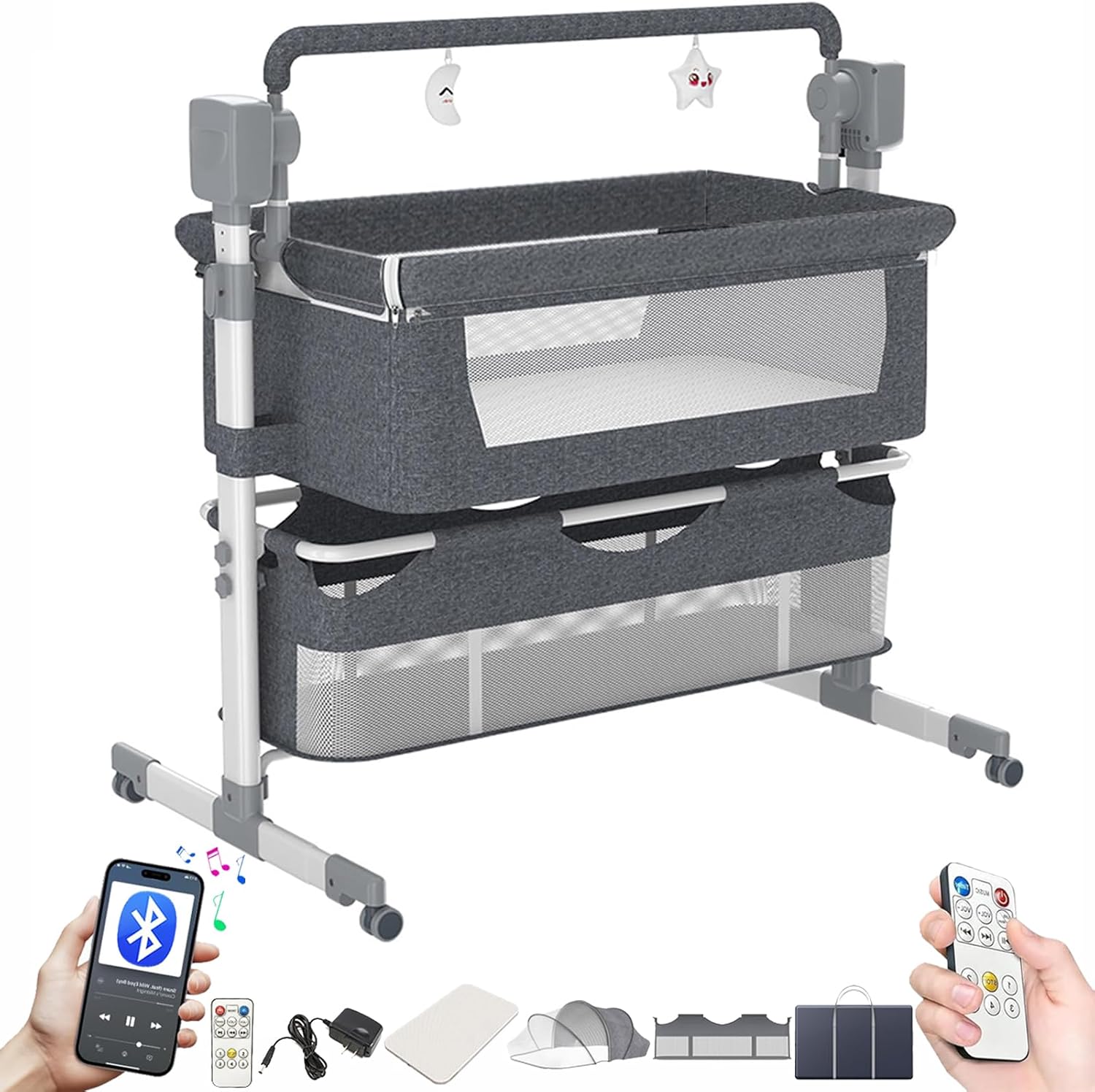 Fully assembled Nine point nine Electric Bluetooth Smart Baby Bedside Bassinet in grey.