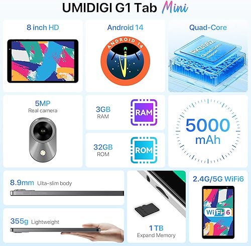 Miniatura 2 de UMIDIGI G1 Tab mini Android 14 nueva tableta 2024, 7(3+4) GB+32GB 1TB Expand, modelo Wi-Fi 6, tableta de 8 pulgadas con procesador de cuatro núcleos
