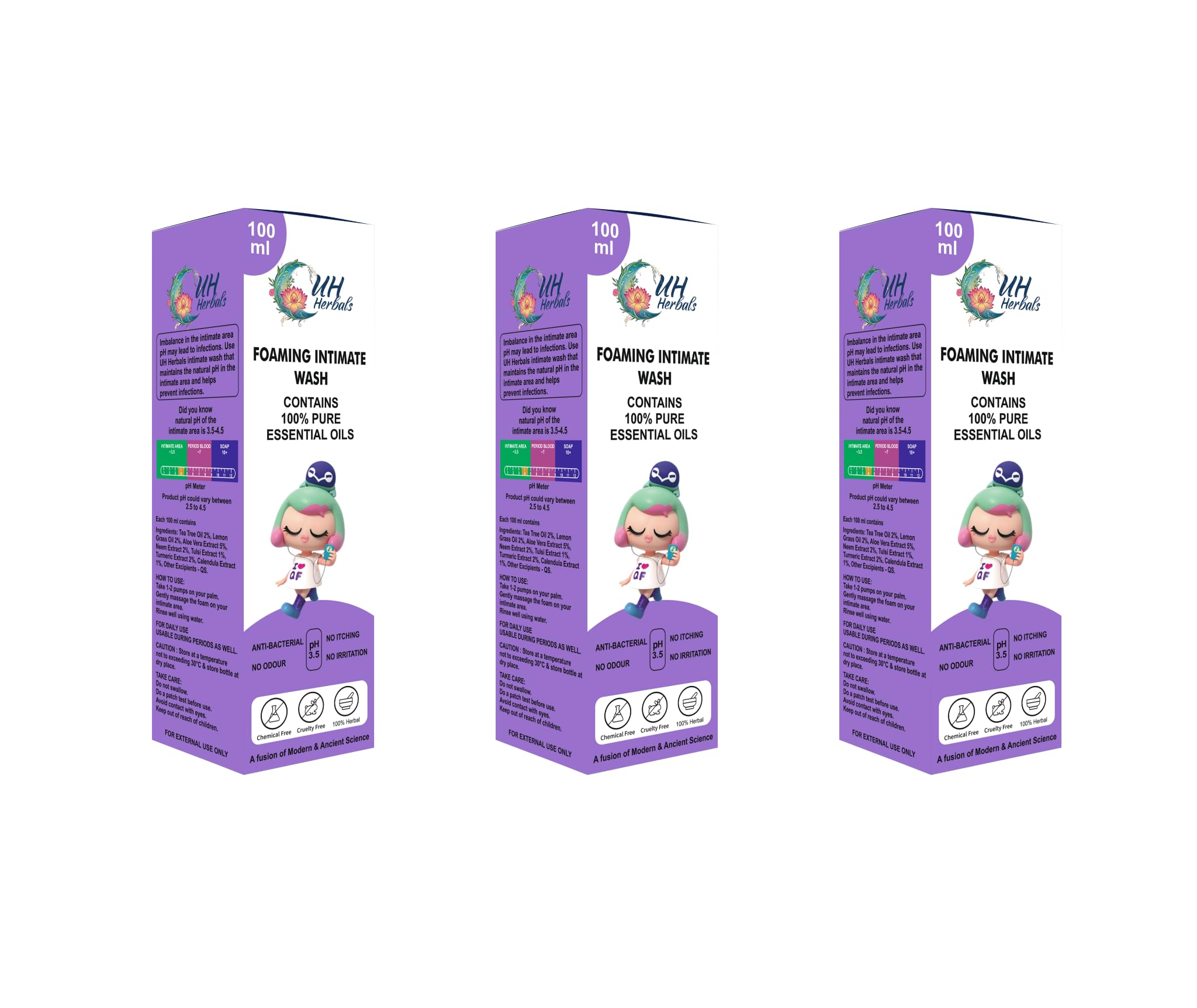 UH Herbals Foaming Intimate Wash for Men | Gentle, pH-Balanced Cleanser with 100% Pure Essential Oils | Daily Hygiene, Odor Control & Refreshing Care – 100ml (Pack of 3)