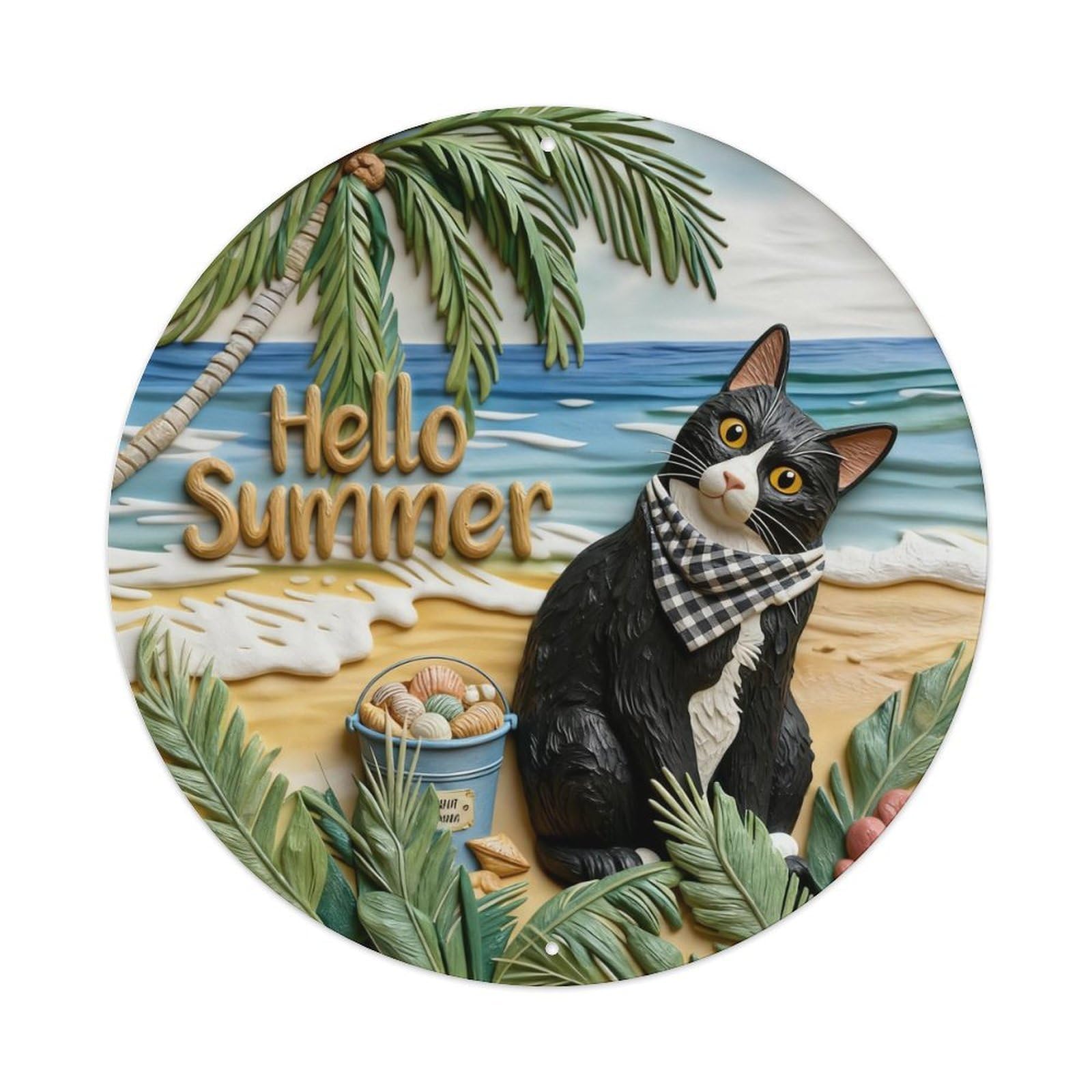 Hello Summer Cat Beach Palm Round Metal Tin Sign Vintage Wall Decor, Bar Garage Cafe Kitchen Home Wall Art Poster 8x8inches