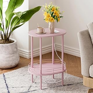 Small Round Side Table with Charging Station,Bedside Table with 2 USB Po...