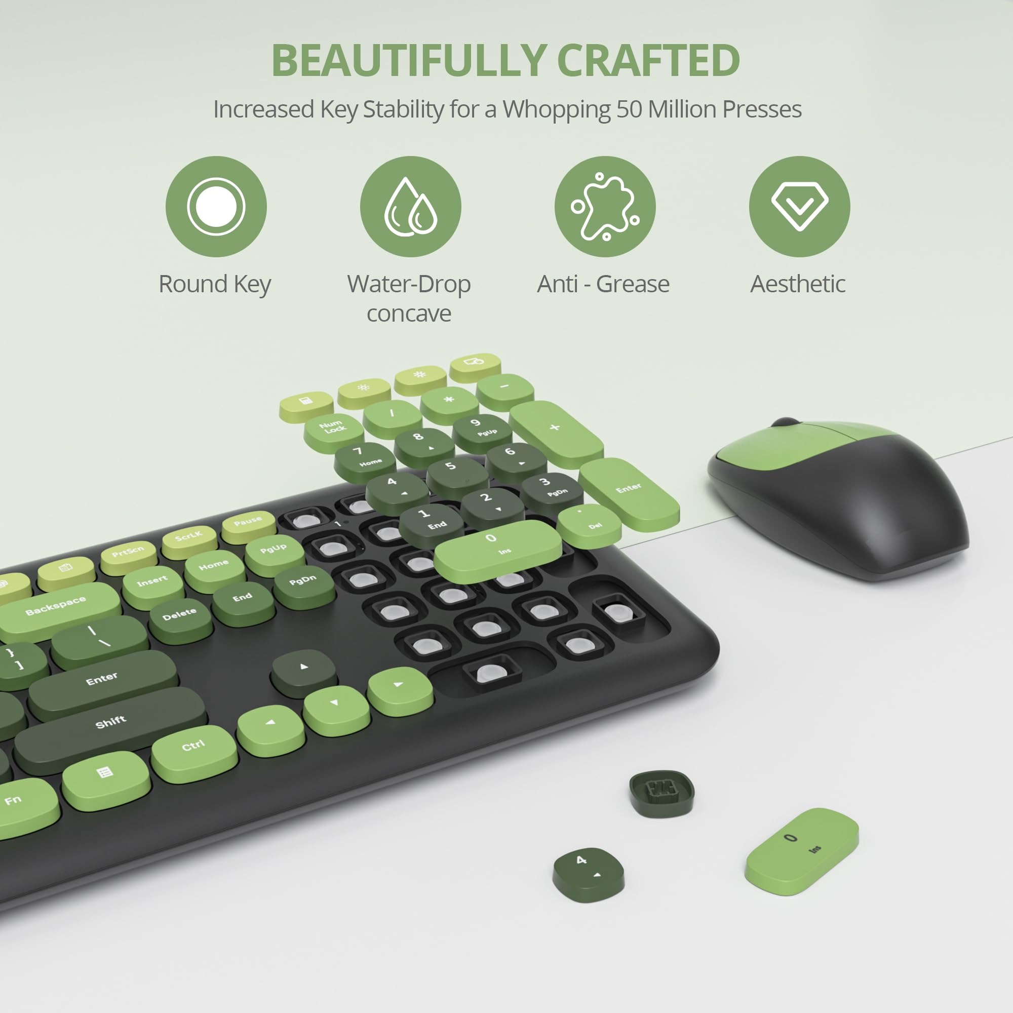 SOLIDEE Combo Tastiera e Mouse Wireless Colorato,Tastiera Retro per Macchina da Scrivere 2.4GHz,104 Tasti con Tastierino Numerico,Tastiera a Membrana Silenziosa(Americana QWERTY)(DarkGreen Gradient)