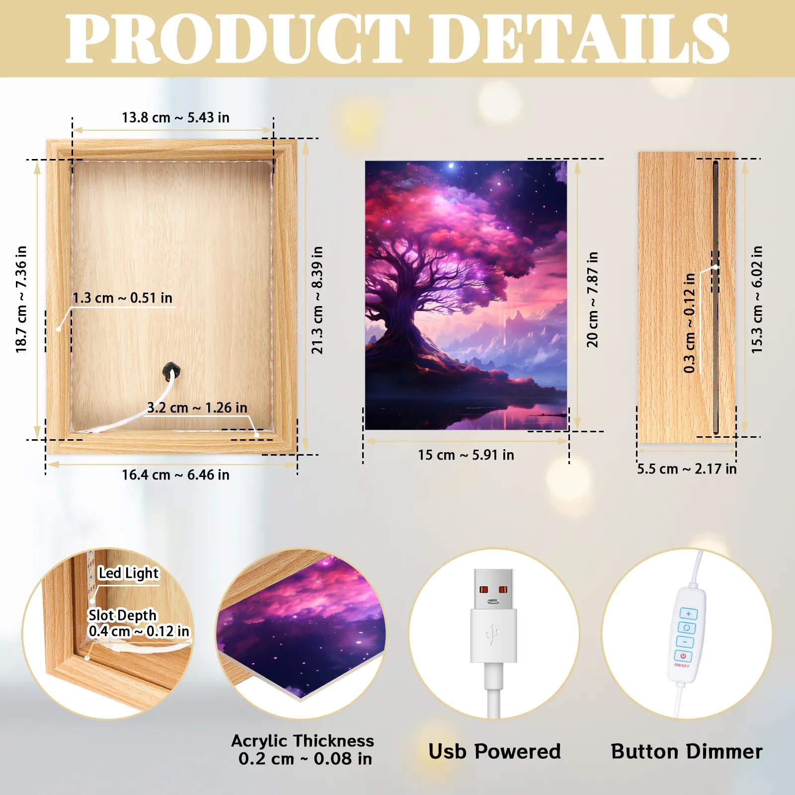 Light Up Painting, Fantastic Tree Wall Art Picture Light Dreamy Tree Light Up Desktop Art Decor, 10 Brightness, USB Powered, 3 Lighting Modes, Anxiety Relief Gift for Bedroom Home - Without Frame