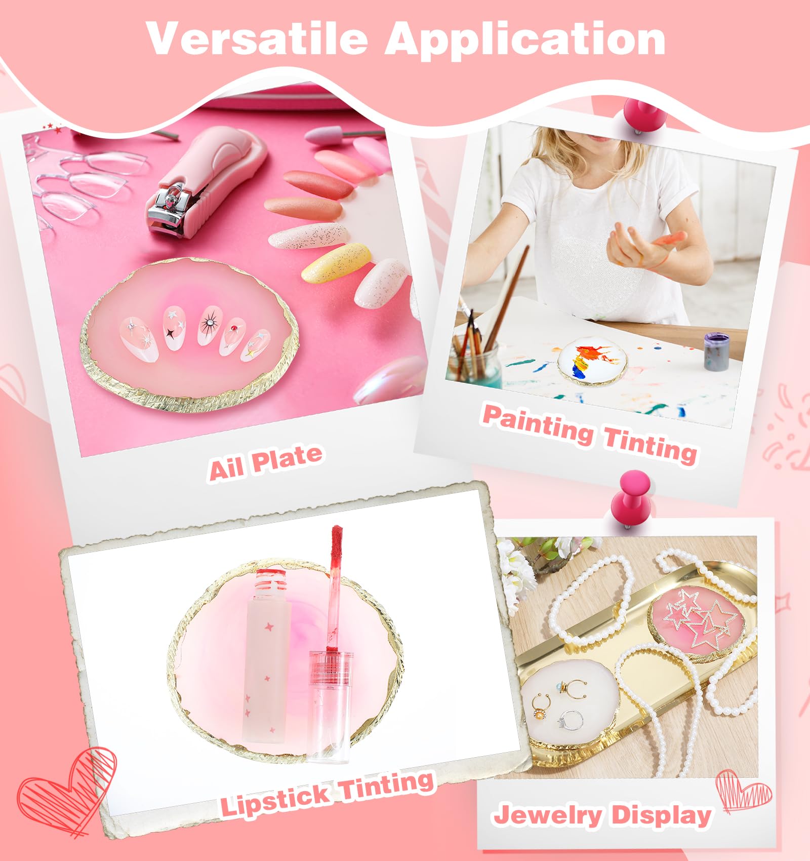 Lot de 2 accessoires de design d'ongles - Aspect agate blanc et rose - Avec bord doré - Résine de qualité supérieure - Prêt à l'emploi - Pour le nail art - Cadeau pour femme et fille - Bricolage